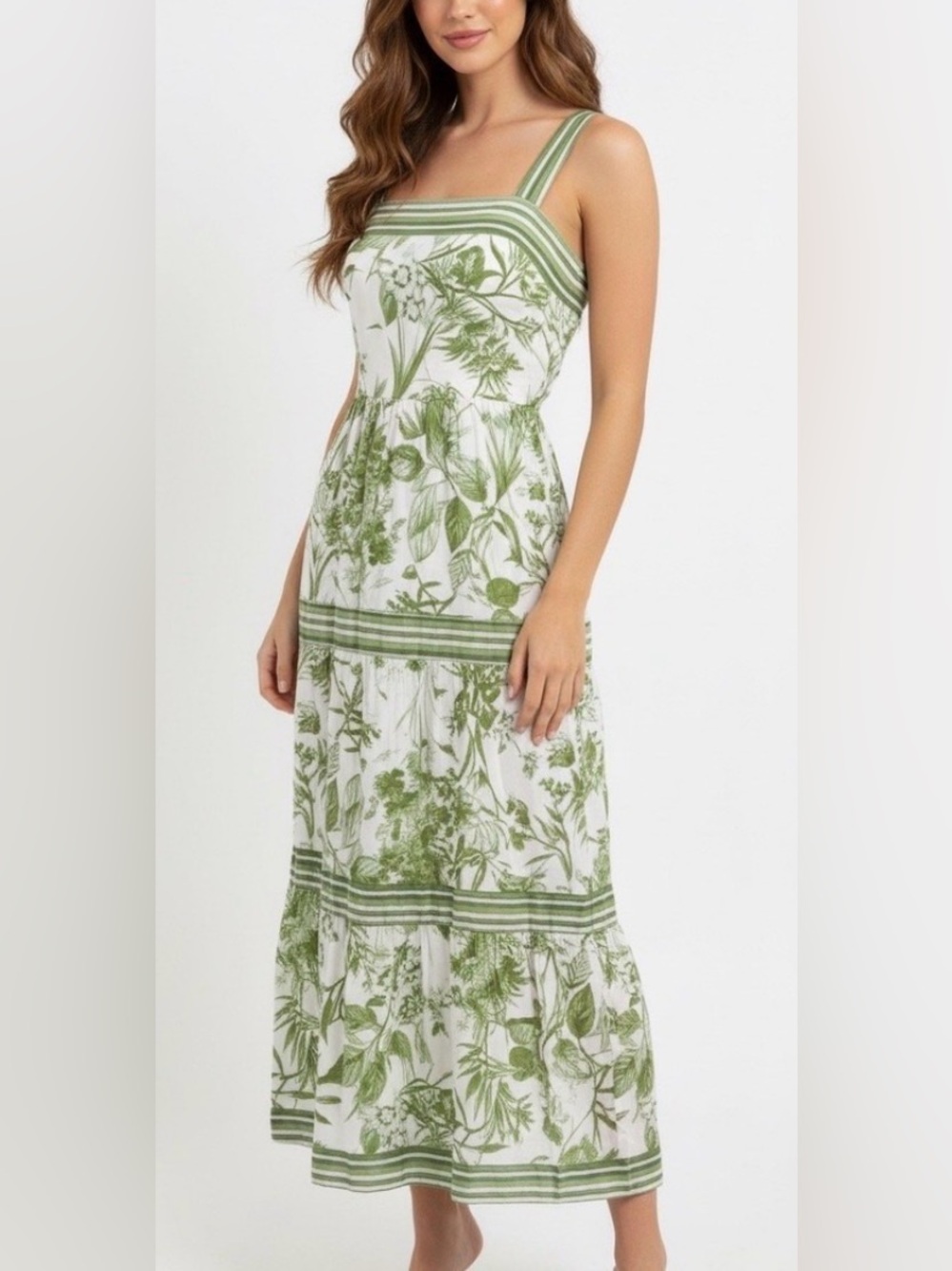 Sweet Wanderer - Green White Floral Botanical Tiered Midi Dress Size Medium